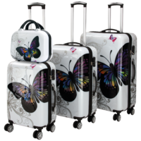 Set valize rigide, 4 piese, roți 360°, geantă cosmetică Butterfly, policarbonat