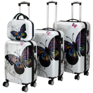 Set valize rigide, 4 piese, roți 360°, geantă cosmetică Butterfly, policarbonat