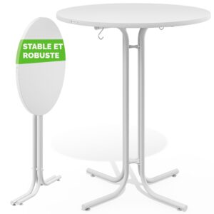 Masă pliabilă albă Ø80x110cm, pentru exterior, reglabilă pe înălțime până la 100kg