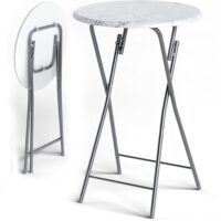 Set de 2 mese de bar pliabile, Ø60cm, aspect marmură, alb, înălțime 110cm