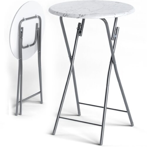 Set de 2 mese de bar pliabile, Ø60cm, aspect marmură, alb, înălțime 110cm