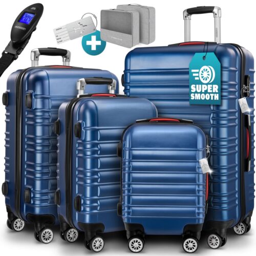 Set valize rigide, 4 piese, cu accesorii, roți 360°, ABS albastru