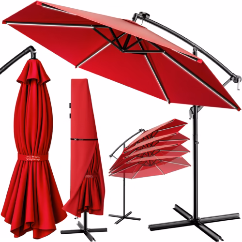 Umbrelă solară LED Mali Roșie Ø350cm Protecție UV 80+ Husă