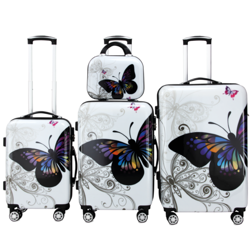 Set valize rigide, 4 piese, roți 360°, geantă cosmetică Butterfly, policarbonat