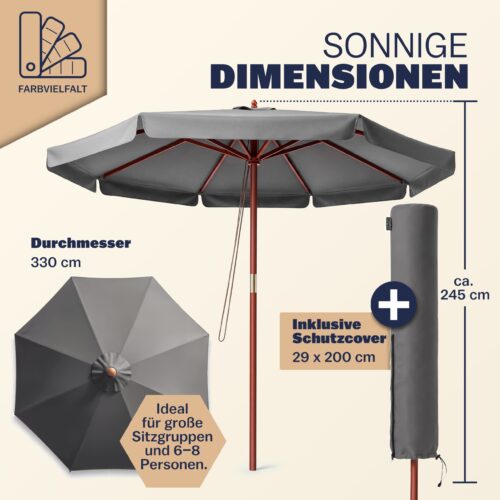 Umbrelă de soare din lemn antracit, Ø330cm, protecție UV 80+