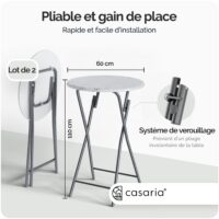 Set de 2 mese de bar pliabile, Ø60cm, aspect marmură, alb, înălțime 110cm