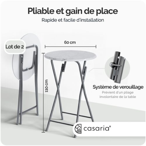 Set de 2 mese de bar pliabile, Ø60cm, aspect marmură, alb, înălțime 110cm