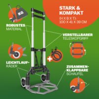 Cărucior manual din aluminiu argintiu/negru, capacitate 80 kg, reglabil pe înălțime