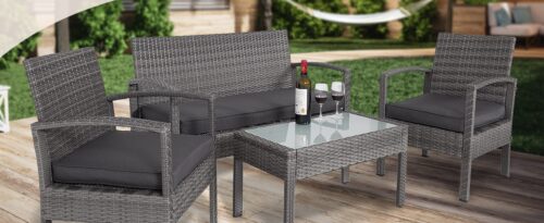 Mobilier de grădină din poliratan, 4 piese, canapea, scaune gri/antracit
