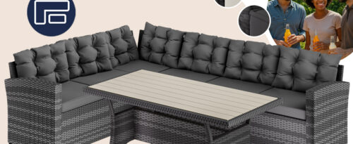 Set de lounge din poliratan negru/crem, blat de masă WPC