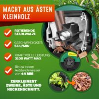 Tocător silențios pentru crengi de până la 44 mm, 3100 W, 2 saci de colectare de 60 l, 17 kg
