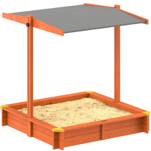 Lada de nisip pentru copii, Spielwerk, acoperis parasolar reglabil, protectie UV 50+, molid, 120 x 120 x 120 cm, Maro,lacuita ecologic