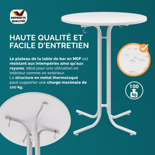 Masă pliabilă albă Ø70x110cm, pentru exterior, reglabilă înălțime până la 100kg