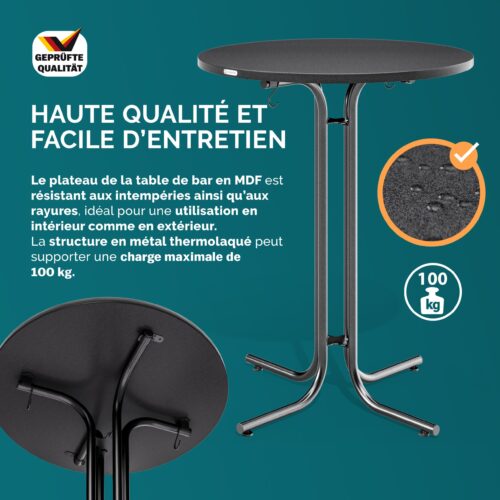 Masă gri pliabilă, verticală, Ø70x110cm, pentru exterior, reglabilă pe înălțime până la 100kg