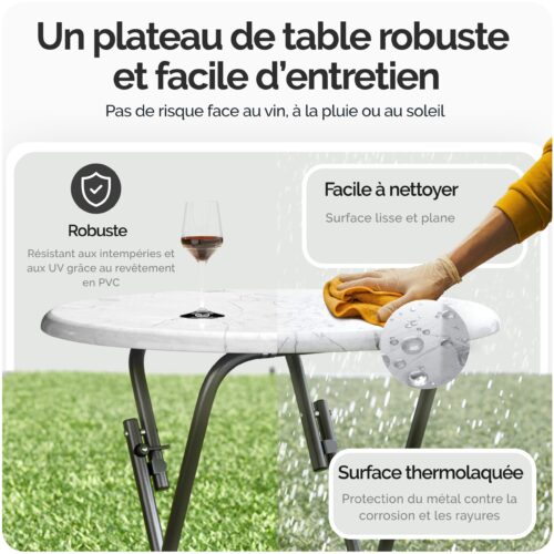 Set de 2 mese de bar pliabile, Ø60cm, aspect marmură, alb, înălțime 110cm
