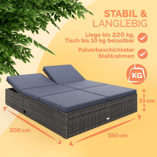 Șezlong dublu stil lounge din poliratan gri/antracit 200x160x33cm