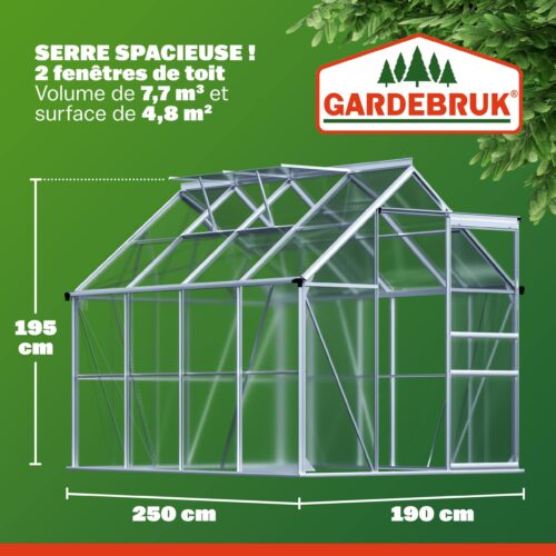 Seră din aluminiu 250x190x195cm cu 2 ferestre de mansardă