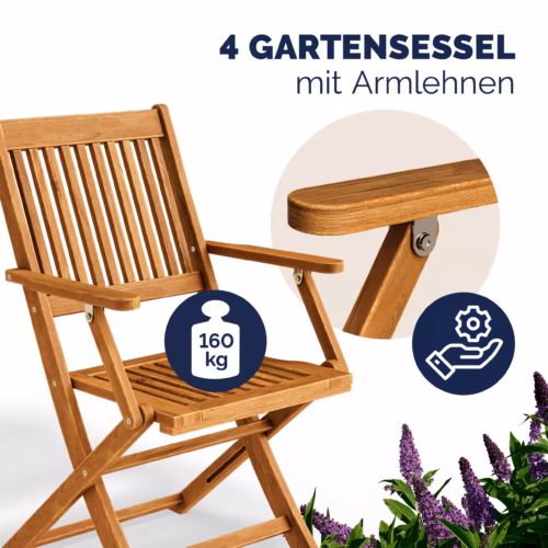 Set gradina si terasa ,masa si 4 scaune pliabile din lemn salcam CASARIA® Sydney Comfort, 5 piese,certificat FSC®
