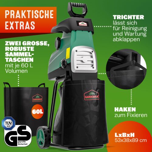 Tocător silențios pentru crengi de până la 44 mm, 3100 W, 2 saci de colectare de 60 l, 17 kg
