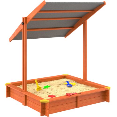 Lada de nisip pentru copii, Spielwerk, acoperis parasolar reglabil, protectie UV 50+, molid, 120 x 120 x 120 cm, Maro,lacuita ecologic