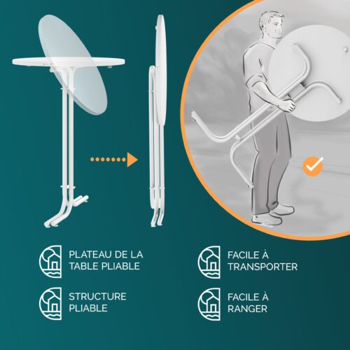 Masă pliabilă albă Ø70x110cm, pentru exterior, reglabilă înălțime până la 100kg