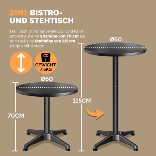 Set de 2 mese în picioare, Ø60cm, înălțime reglabilă 70/115cm, aluminiu, negru