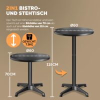 Set de 2 mese în picioare, Ø60cm, reglabile înălțime 70/115cm, pliabile, aluminiu, negru