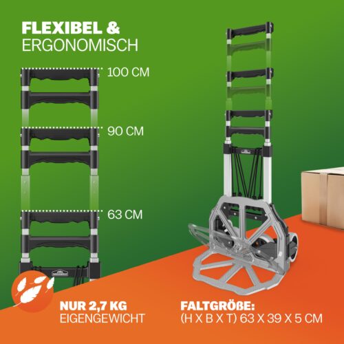 Cărucior manual din aluminiu argintiu/negru, capacitate 80 kg, reglabil pe înălțime