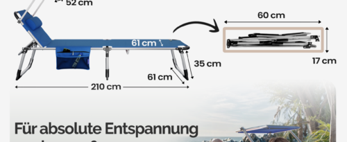 Șezlong de grădină Malta Blue 210x61x35cm Umbrelă de soare din aluminiu