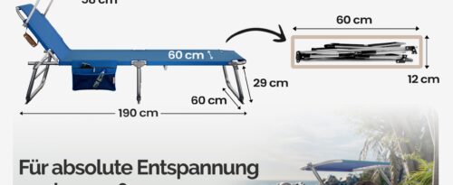 Șezlong de grădină Ibiza Blue 190x59x29cm Umbrelă de soare din aluminiu