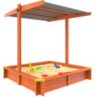 Lada de nisip pentru copii, Spielwerk, acoperis parasolar reglabil, protectie UV 50+, molid, 120 x 120 x 120 cm, Maro,lacuita ecologic