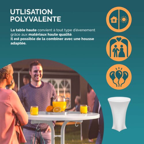 Masă pliabilă albă Ø70x110cm, pentru exterior, reglabilă înălțime până la 100kg