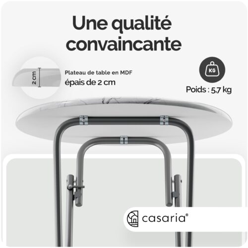 Set de 2 mese de bar pliabile, Ø60cm, aspect marmură, alb, înălțime 110cm