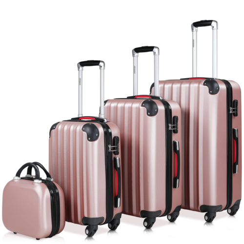 Set valize rigide, 4 piese, cu accesorii, roți 360°, ABS auriu-roz