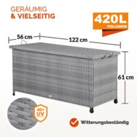 Ladă de grădină, poliratan gri, 117x53x60cm, cu mânere și roți