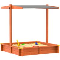 Lada de nisip pentru copii, Spielwerk, acoperis parasolar reglabil, protectie UV 50+, molid, 120 x 120 x 120 cm, Maro,lacuita ecologic