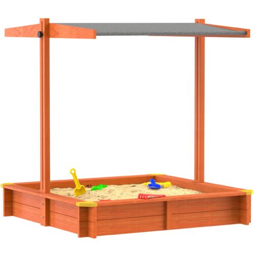 Lada de nisip pentru copii, Spielwerk, acoperis parasolar reglabil, protectie UV 50+, molid, 120 x 120 x 120 cm, Maro,lacuita ecologic