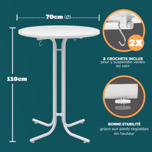 Masă pliabilă albă Ø70x110cm, pentru exterior, reglabilă înălțime până la 100kg