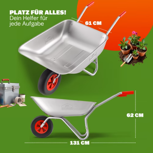Roabă galvanizată, capacitate 100 kg, capacitate 80 l, anvelope pneumatice Ø32 cm