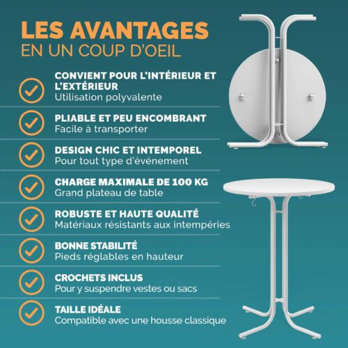 Masă pliabilă albă Ø70x110cm, pentru exterior, reglabilă înălțime până la 100kg