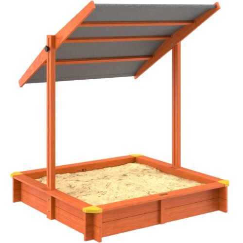 Lada de nisip pentru copii, Spielwerk, acoperis parasolar reglabil, protectie UV 50+, molid, 120 x 120 x 120 cm, Maro,lacuita ecologic