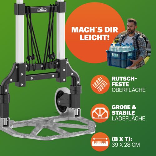 Cărucior manual din aluminiu argintiu/negru, capacitate 80 kg, reglabil pe înălțime