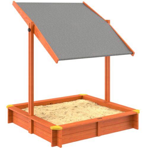 Lada de nisip pentru copii, Spielwerk, acoperis parasolar reglabil, protectie UV 50+, molid, 120 x 120 x 120 cm, Maro,lacuita ecologic