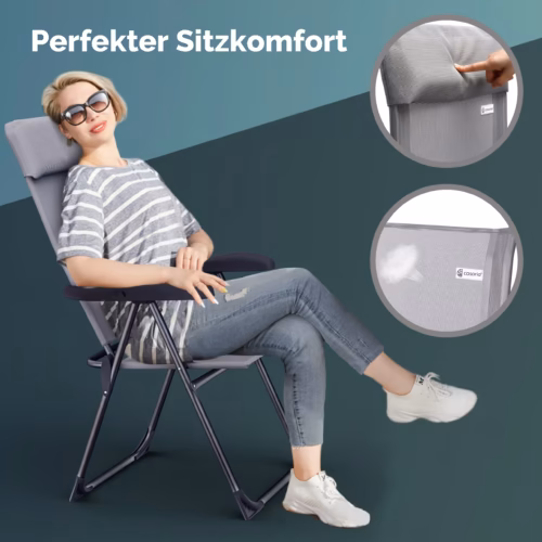 Scaun de grădină pliabil, set de 4, gri, aluminiu, spătar înalt, reglabil