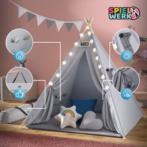 64b5cfe0ae4b55bf6c3664597430f251_de-109525d-3-1 Cort de joacă Teepee gri 160x130x130cm