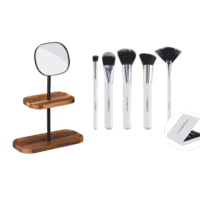 Set-pensule-oglinda-1.png Set pensule machiaj DeLuxe, 5 piese in cutie si oglinda cosmetica cu 2 rafturi