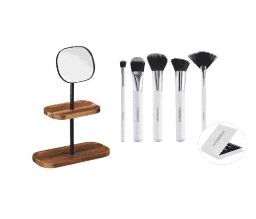 Set-pensule-oglinda-1.png Set pensule machiaj DeLuxe, 5 piese in cutie si oglinda cosmetica cu 2 rafturi