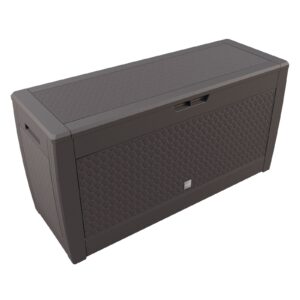 Ladă de grădină Matuba 310L, maro, cu aspect de răchită, impermeabilă