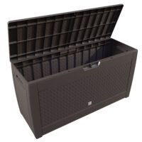 Ladă de grădină Matuba 310L, maro, cu aspect de răchită, impermeabilă
