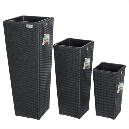 Set 3 ghivece de flori din poliratan, negru